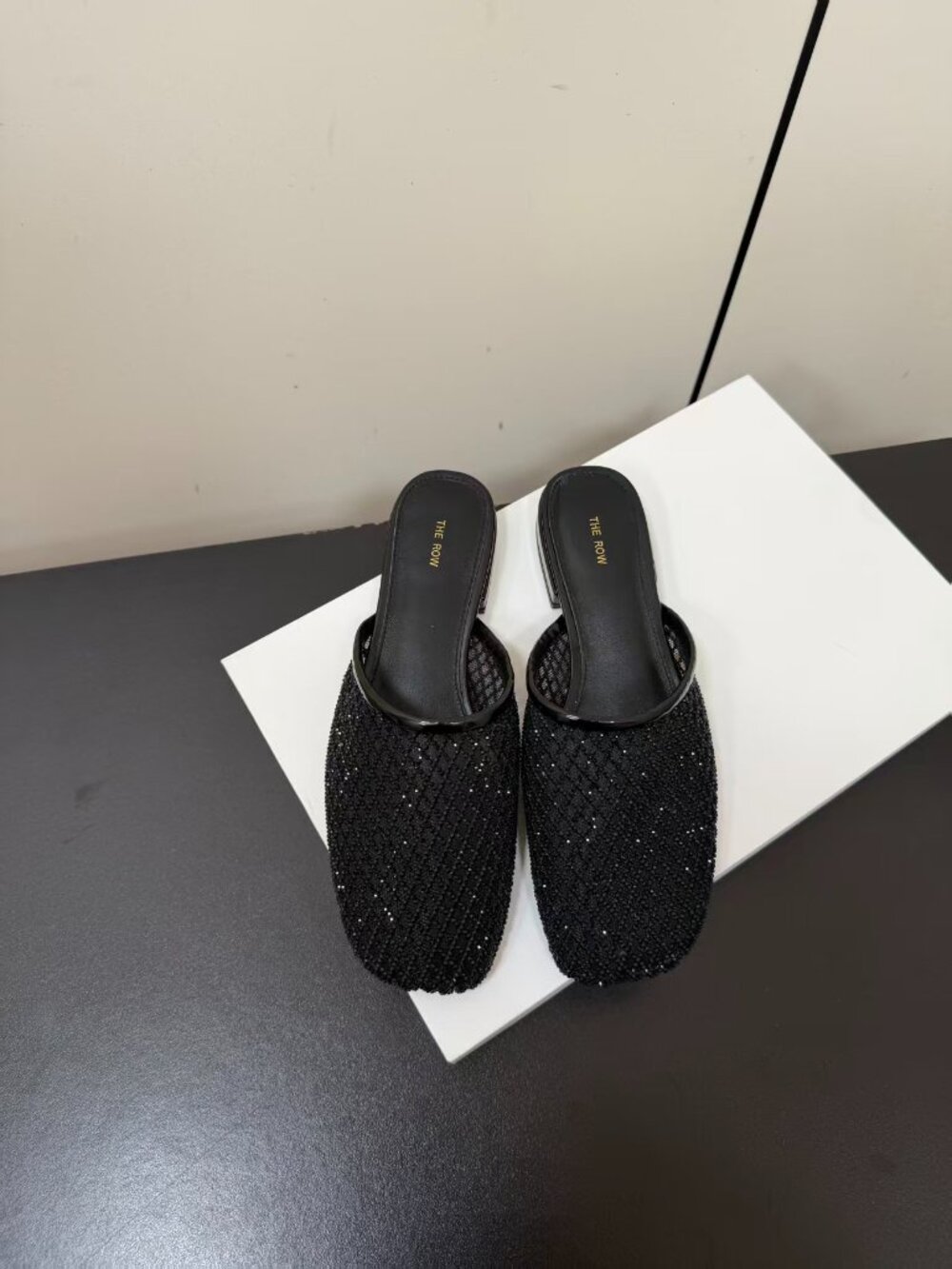 The Row Black Beaded Closed‑Toe Backless Slip‑On Mules